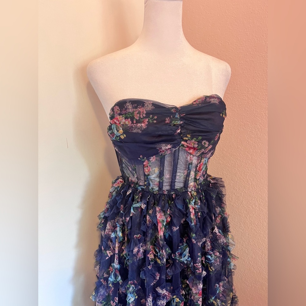 Lulus Stunning Element Navy Floral Mesh Ruffled Strapless Maxi Dress - Picture 12 of 13